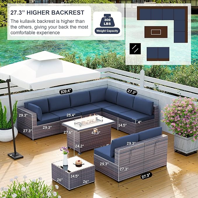 Kullavik 10 Pieces Outdoor Patio Furniture Set with 43" Gas Propane Fire Pit Table PE Wicker Rattan Sectional Sofa Patio Conversation Sets,Navy Blue