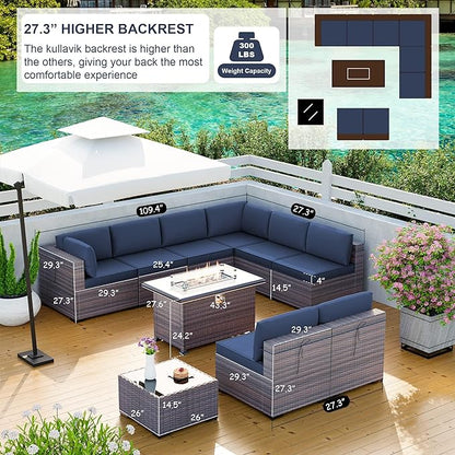 Kullavik 10 Pieces Outdoor Patio Furniture Set with 43" Gas Propane Fire Pit Table PE Wicker Rattan Sectional Sofa Patio Conversation Sets,Navy Blue