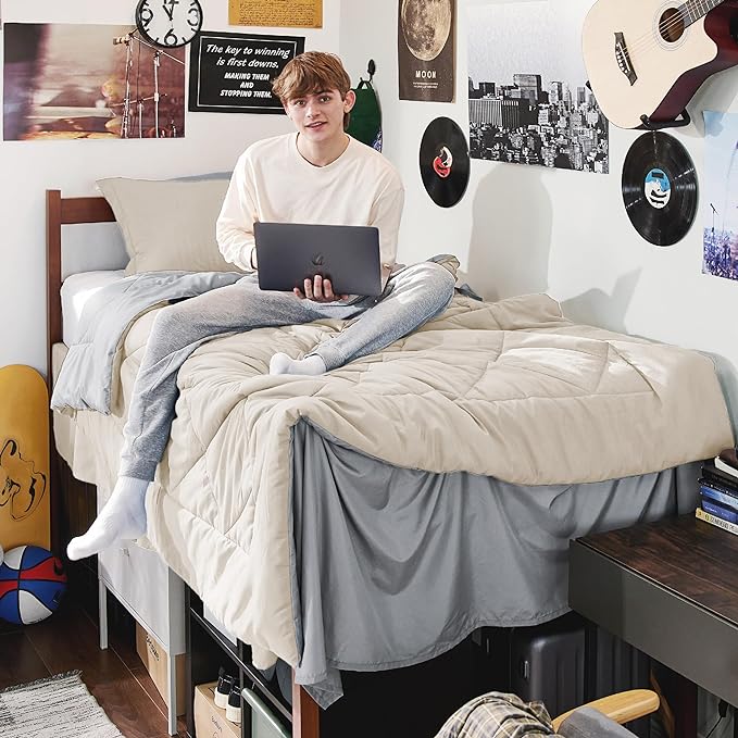 Bedsure Beige Twin XL Comforter Sets - 5 Pieces Reversible Twin XL Bedding Sets, Bed Sets Comforters, Sheets, Pillowcase & Sham, Grey XL Twin Bed in a Bag for College