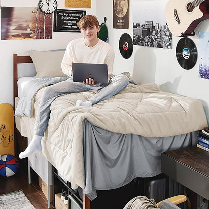 Bedsure Beige Twin XL Comforter Sets - 5 Pieces Reversible Twin XL Bedding Sets, Bed Sets Comforters, Sheets, Pillowcase & Sham, Grey XL Twin Bed in a Bag for College