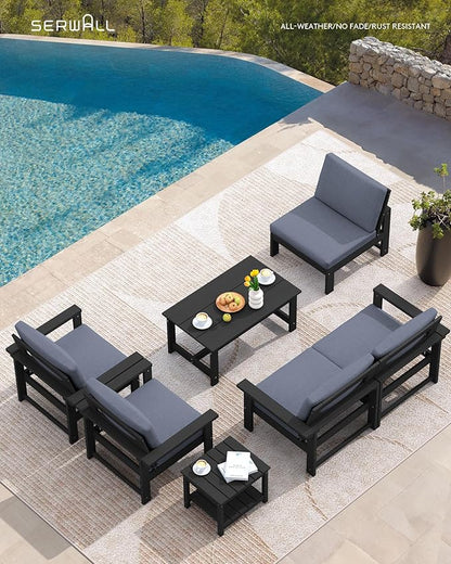 SERWALL HDPE Patio Coversation Set, 7-piece Outdoor Sectional Sofa Set, All Weather Patio Couch Set Patio Furniture for Balcony, Deck, Black Frame with Grey Cushion