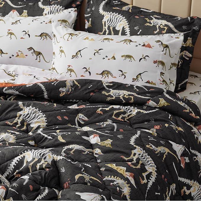 Dinosaur Twin Comforter for Boys,5 Pieces Kids Bedroom Bedding Set with Sheets and Pillowcase,Super Soft Lightweight for All Seasons,Grey,Machine Washable