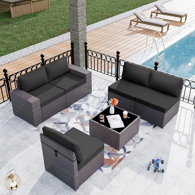Patio Furniture Set Sofa 6-Pieces Wicker Sectional Sofa Set, Outdoor Furniture Rattan Patio Conversation Set with Thickened Cushion and Glass Coffee Table, Black