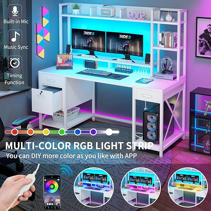YITAHOME Computer Desk with Drawers & Hutch, 59.1" Office Desk with LED Lights & Power Outlets, Gaming Desk with Monitor Stand & Storage Shelves, White