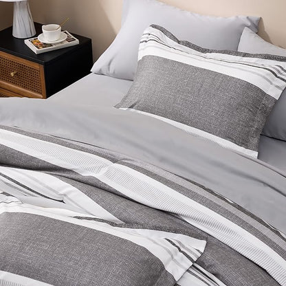 Bedsure Full Comforter Set - 7 Pieces Grey White Striped Bedding Sets Full Bed in A Bag with Comforters Full Size, Sheets, Pillowcases & Shams, Bed Sets