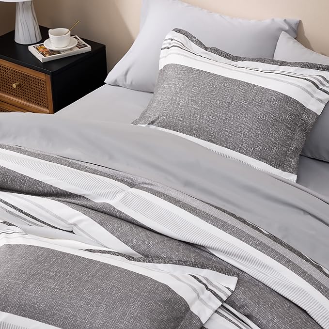 Bedsure Queen Comforter Set - 7 Pieces Grey White Striped Bedding Sets Queen Bed in a Bag with Comforters Queen Size, Sheets, Pillowcases & Shams, Bed Sets