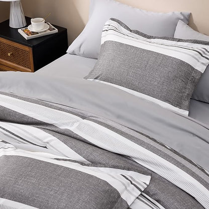 Bedsure Queen Comforter Set - 7 Pieces Grey White Striped Bedding Sets Queen Bed in a Bag with Comforters Queen Size, Sheets, Pillowcases & Shams, Bed Sets
