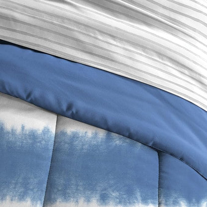Dream Factory Kids 5-Piece Complete Bed Set Easy-Wash Super Soft Microfiber Comforter Bedding, Twin, Blue Tie Dye Stripe,2D872901BL