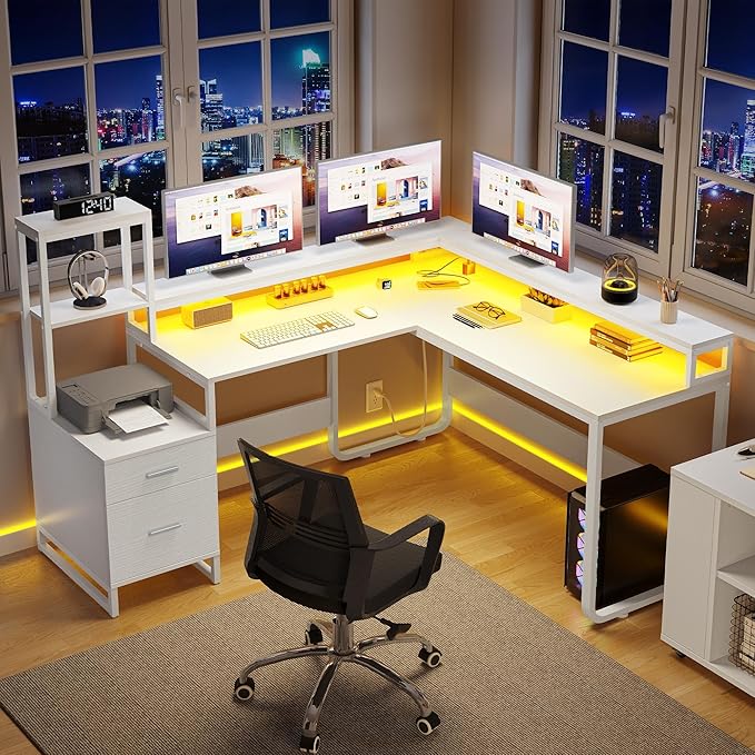YITAHOME L Shaped Desk with Power Outlets & LED Lights, Reversible Computer Desk with Drawers & Hutch, Corner Desk Office Desk with Monitor Stand, Printer Stand, 2 Person Desk, White
