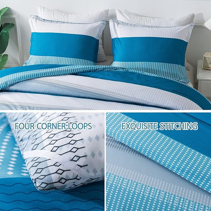 Andency Stripe Comforter Set Queen Size (90x90 Inch), 3 Pieces Teal Patchwork Striped Comforter, Soft Microfiber Down Alternative Comforter Bedding Set with Corner Loops