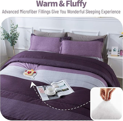 Andency Stripe Comforter Set King Size (104x90 Inch), 3 Pieces Purple and Gray Patchwork Striped Comforter, Soft Microfiber Down Alternative Comforter Bedding Set with Corner Loops