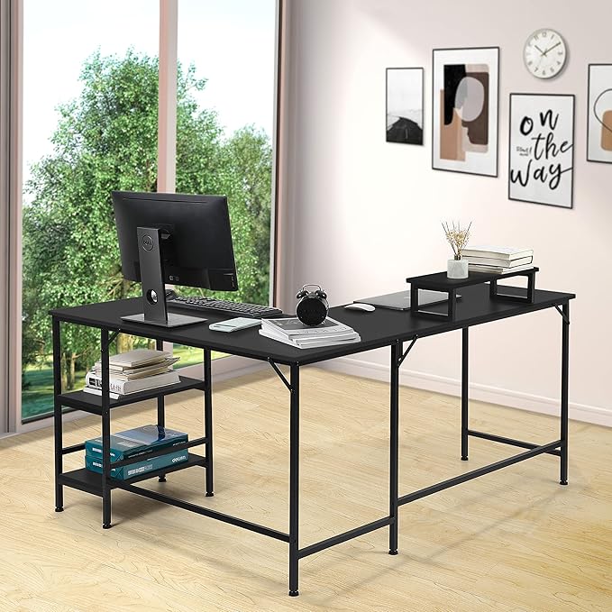 L-Shaped Desk,Corner Computer Desk with Storage Shelves,Large Gaming Desk PC Laptop Writing Workstation with Monitor Stand for Home Office Black
