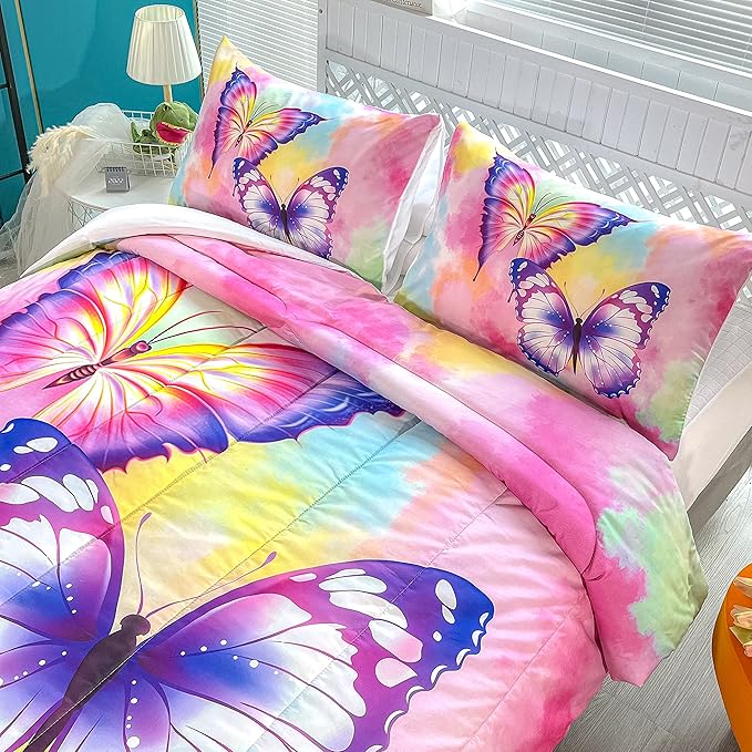 CVHOUSE Butterfly Bedding Set,Butterfly Comforter Queen,Butterfly Comforter Set for Girls Kids Teens,Butterflies Quilt Set with 1 Comforter and 2 Pillow Cases