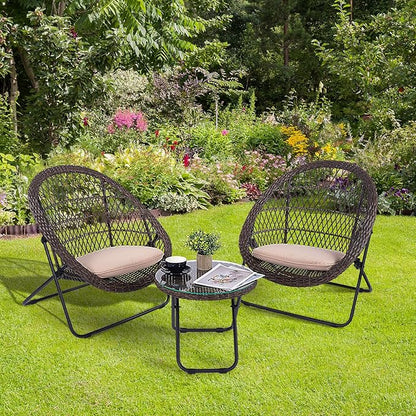 BACKYARD EXPRESSIONS PATIO · HOME · GARDEN 3 Pc 3 Piece Folding Outdoor Bistro, Wicker Furniture Table and Chairs for Garden, Backyard, Porch, Patio Conversation Set, Tan/Black