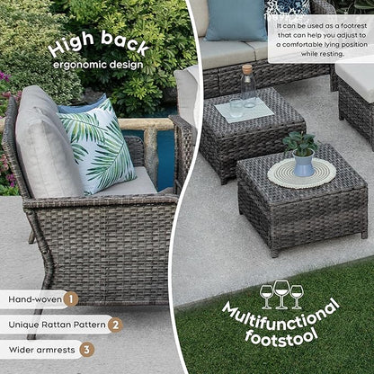 Yechen Patio Conversation Set 9 Seats with 44" Propane Gas Fire Pit Table - 8 Pcs Outdoor Wicker Furniture Set with Lid & Wind Shields - Sectional Sofa Set for Porch,Backyard