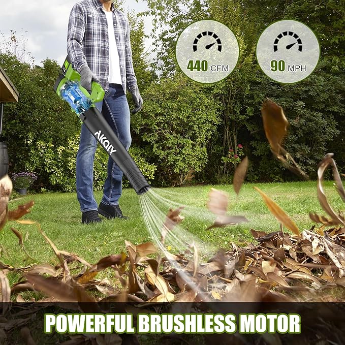 Cordless Leaf Blower - 90 MPH/440 CFM, Brushless Motor, Electric Leaf Blower, 2 X 21V 4.0Ah Battery and Charger,Lightweight and Powerful Battery Operated for Lawn Care, Yard, Garage Cleaning