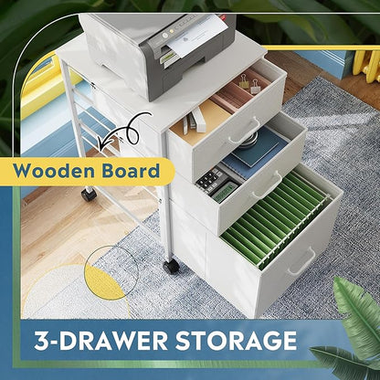 DEVAISE Mobile File Cabinet, Rolling Printer Stand with 3 Drawers, Fabric Vertical Filing Cabinet fits A4 or Letter Size for Home Office, White