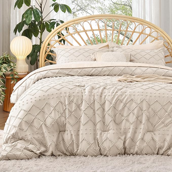 Bedsure Full Size Comforter Set - Beige Comforter, Boho Tufted Shabby Chic Bedding Comforter Set, 3 Pieces Vintage Farmhouse Bed Set for All Seasons, Fluffy Soft Bedding Set with 2 Pillow Shams