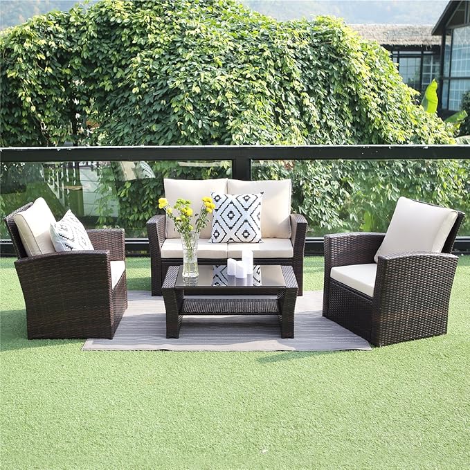 4 Piece Patio Furniture Sets, All-Weather Wicker Conversation Sets, Outdoor Rattan Sectional Sofa Chair with Cushions and Coffee Table for Balcony, Garden, Backyard, Brown