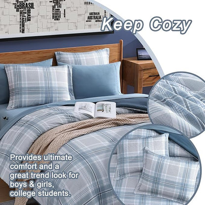 Blue King Size Comforter, Dorm Plaid Light Blue King Bedding Set Homestead-style King Size Bed Set for Bedroom (Light Blue,King,102"*90")