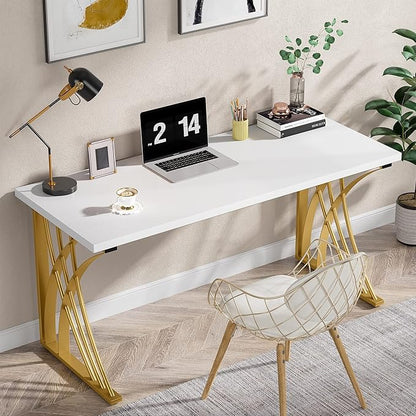 55’’ Large Modern Computer Desk, White & Gold Luxury Laptop PC Student Table, Makeup Vanity Table with Thick Frame & Strong Legs, Sturdy Writing Workstation for Home & Office