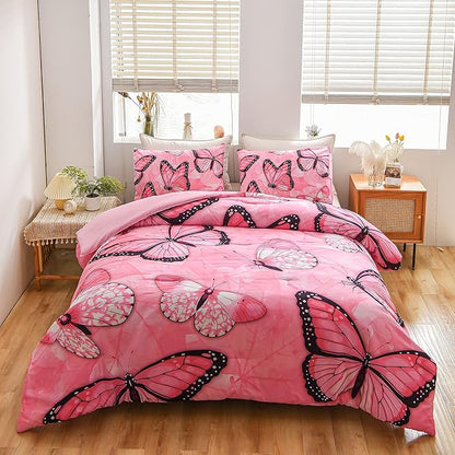 Btargot 3 Piece Pink Butterfly Girls Kids Adults Full Size Comforter Set, Lightweight Soft All Season Bedding Set with 2 Pillowcases