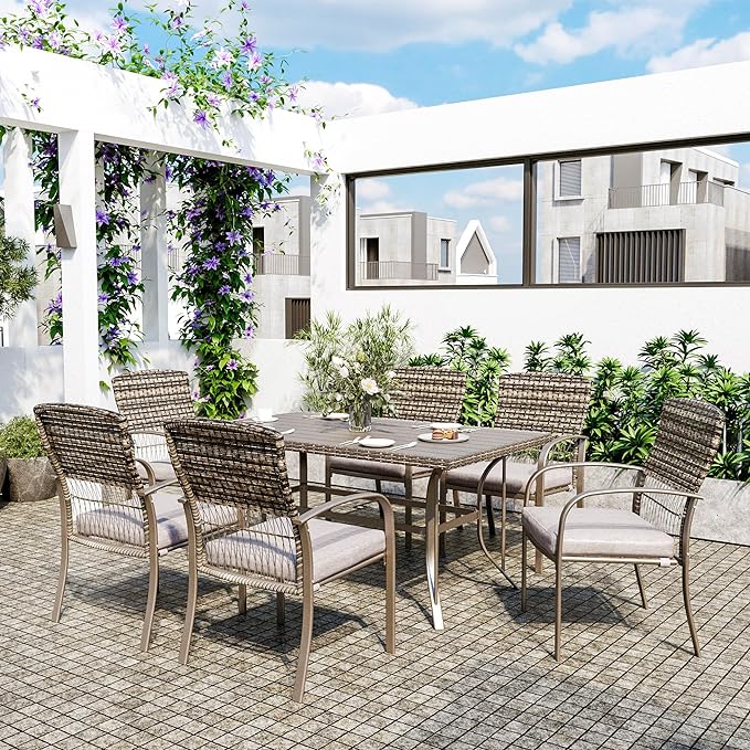 Pamapic Patio Table and Chairs Set, All-Weather Rattan Outdoor Table and Chairs with Removable Waterproof Cushions, Plastic-Wood Patio Dining Set for 6 with Umbrella Hole(Gray)