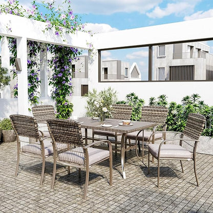 Pamapic Patio Table and Chairs Set, All-Weather Rattan Outdoor Table and Chairs with Removable Waterproof Cushions, Plastic-Wood Patio Dining Set for 6 with Umbrella Hole(Gray)