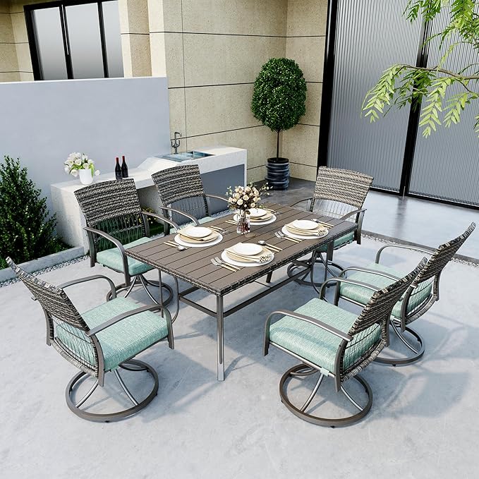 Pamapic 7 Piece Patio Dining Set for 6,Wicker Outdoor Furniture Set for Backyard Garden Deck Poolside with Iron Slats Table Top,6 Cushions Swivel Rocker Chairs,Removable Cushions(Green)