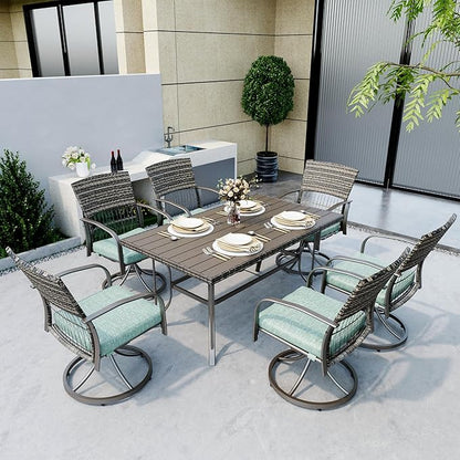 Pamapic 7 Piece Patio Dining Set for 6,Wicker Outdoor Furniture Set for Backyard Garden Deck Poolside with Iron Slats Table Top,6 Cushions Swivel Rocker Chairs,Removable Cushions(Green)