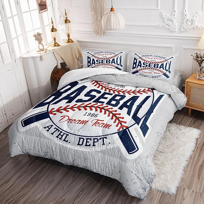 Datura home Baseball Comforter Set Vintage Grey Baseball Printed Quilt Bedding Set with 1 Comforter and 2 Pillowcases for Boys and Girls Bedroom All Season(Baseball Queen)