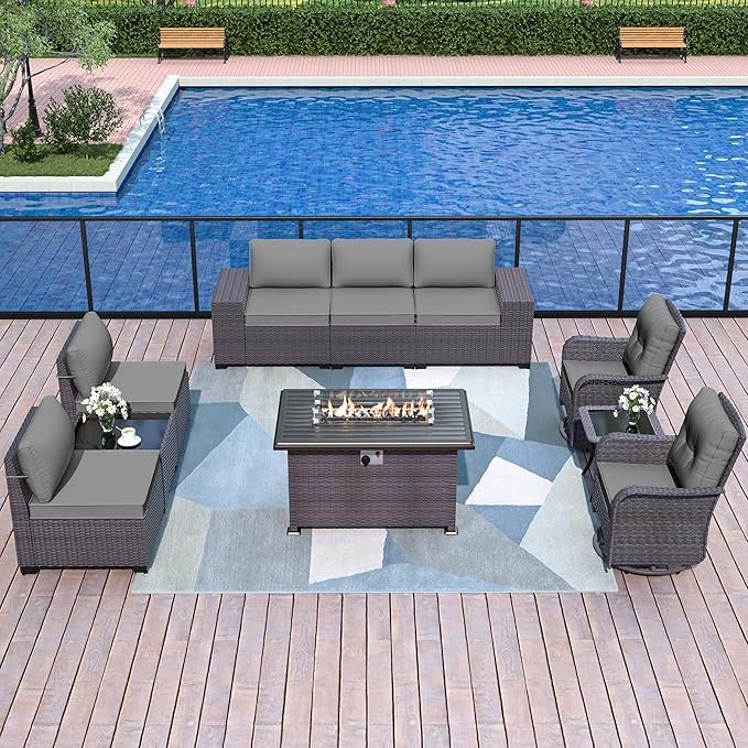 Patio Furniture Sectional Sofa Set 10-Pieces PE Rattan Swivel Rocking Chairs Outdoor Furniture Set w/43in Gas Fire Pit Table, Patio Conversation with 55000 BTU Propane Fire Pit, Grey