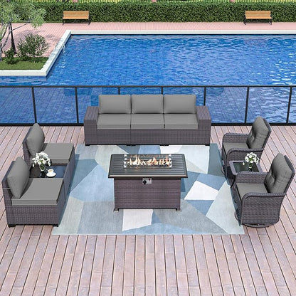 Patio Furniture Sectional Sofa Set 10-Pieces PE Rattan Swivel Rocking Chairs Outdoor Furniture Set w/43in Gas Fire Pit Table, Patio Conversation with 55000 BTU Propane Fire Pit, Grey
