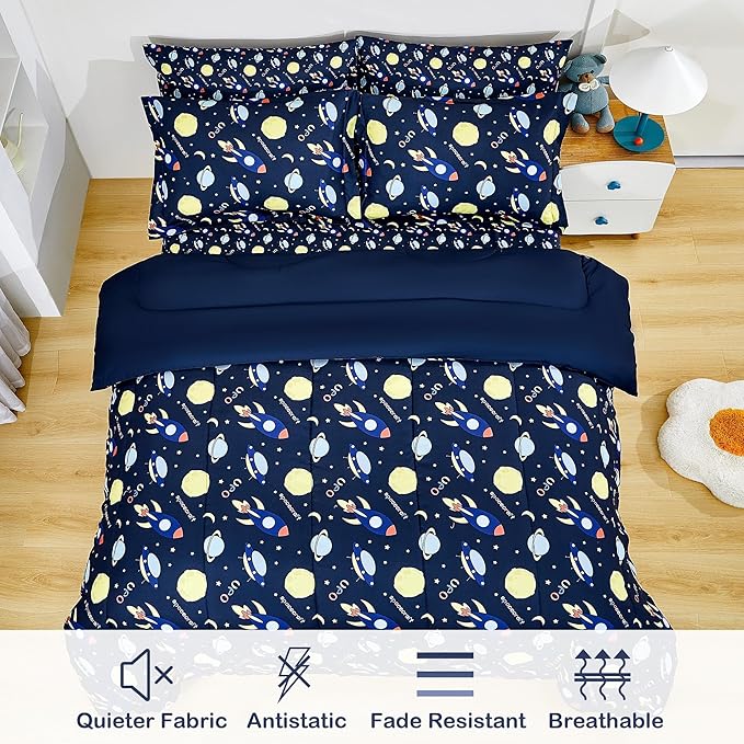 Mooreeke Bed in a Bag for Kids Boys Teens, 5 Pieces Twin Size Comforter Bed Set with Shams, Sheet Set, Space Planet Blue Black Super Soft Microfiber Kids Comforter Bedding Set