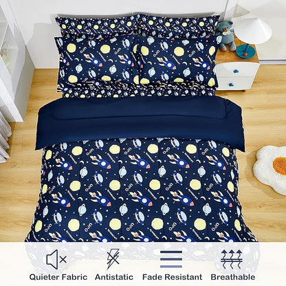 Mooreeke Bed in a Bag for Kids Boys Teens, 5 Pieces Twin Size Comforter Bed Set with Shams, Sheet Set, Space Planet Blue Black Super Soft Microfiber Kids Comforter Bedding Set