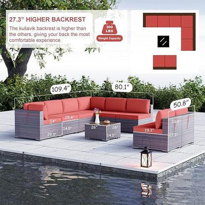 Kullavik 9PCS Outdoor Patio Furniture Set PE Wicker Rattan Sectional Sofa Patio Conversation Sets,Red