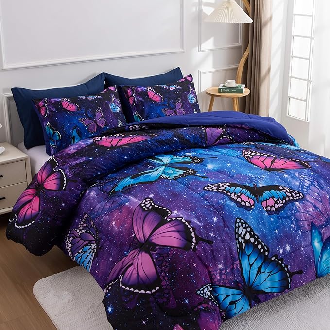 Btargot 3 Piece Butterfly Pattern Girls Comforter Set with 2 Pillow Covers, Galaxy Outer Space Printed Bedding Set for Women, Queen Purple Blue