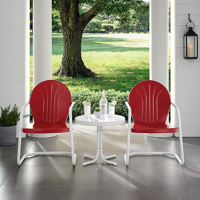 Crosley Furniture KO10004RE Griffith 3-Piece Retro Metal Outdoor Seating Set with Table and 2 Chairs, Red