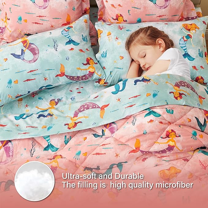 Twin Size Mermaid Kids Bedding Set for Girls, 7 Pieces Super Soft Lightweight Microfiber Comforter Set with Sheets, Bed in a Bag, Durable Children Bed Set