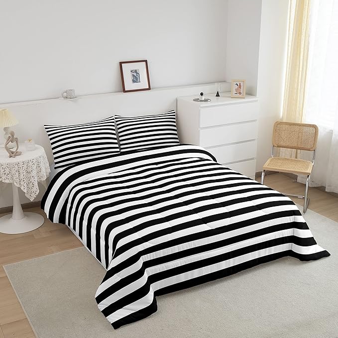Striped Comforter Set Black and White Stripe Bedding Set Queen Kids Boys Girls Women Men Farmhouse Ticking Stripes Duvet Set Modern Geometric Lines Adults Abstract Gothic Home Decor Soft Reversible