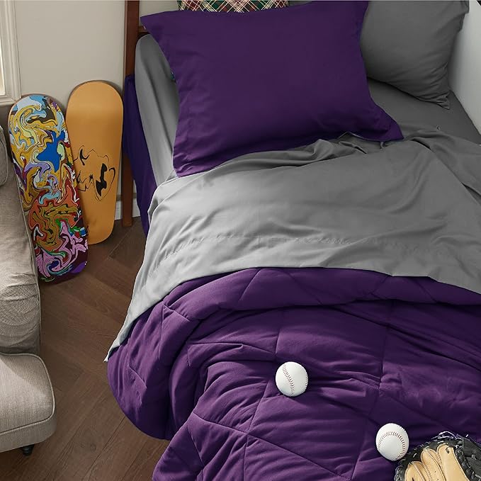 Bedsure Purple Twin XL Comforter Sets - 5 Pieces Reversible Twin XL Bedding Sets, Bed Sets Comforters, Sheets, Pillowcase & Sham, Grey XL Twin Bed in a Bag for College