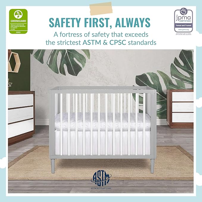 Lucas Mini Modern Crib with Rounded Spindles & Sunset 3” Extra Firm Fiber Crib Mattress, Greenguard Gold Certified, Waterproof Vinyl Cover, Baby Mattresses for Cribs