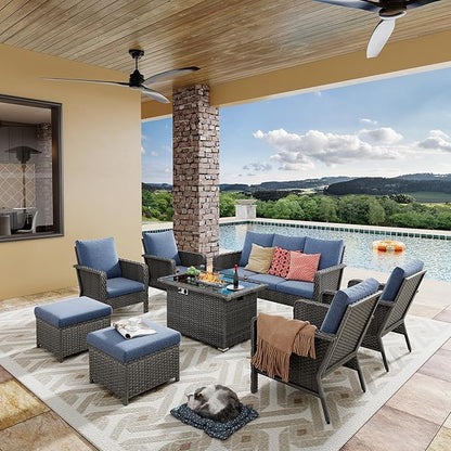 Yechen Patio Conversation Set 9 Seats with 44" Propane Gas Fire Pit Table - 8 Pcs Outdoor Wicker Furniture Set with Lid & Wind Shields - Sectional Sofa Set for Porch,Backyard