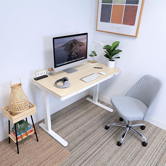 Mount-It! 47.2" Wide x 28.3" Deep Electric Height Adjustable Desk, Ergonomic Standing Workspace, Height Adjustment up to 46.5" Tall, Large Desktop, USB Ports, Drawer, Home Office, White, Maple Top