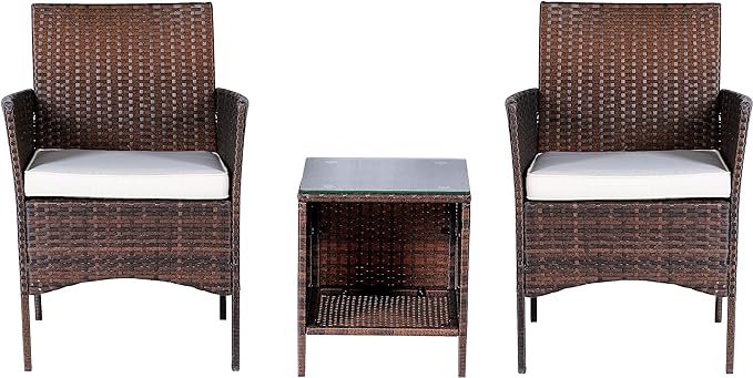 BTEXPERT Outdoor Wicker Conversation 3 Piece Bistro Garden Patio Yard Porch Furniture Space Saving Pe Rattan Two Chairs Cushions Side Storage Glass Table Brown/Beige 3pc Set, OneSize