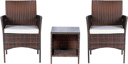 BTEXPERT Outdoor Wicker Conversation 3 Piece Bistro Garden Patio Yard Porch Furniture Space Saving Pe Rattan Two Chairs Cushions Side Storage Glass Table Brown/Beige 3pc Set, OneSize