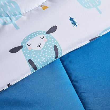 SLEEP ZONE Kids Bedding Comforter Set Full/Queen Size - Super Cute & Soft Kids Bedding 7 Pieces Set with Comforter, Sheet, Pillowcase & Sham (Blue Sheep)