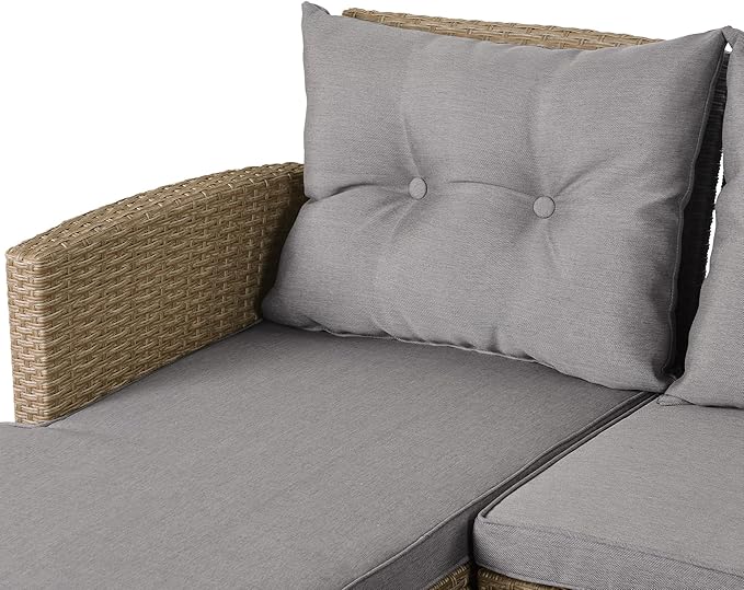 Outdoor Patio Furniture Sets, 4 Piece Rattan Conversation Sofa Wicker Sectional Couch with Chaise Lounge, Single Sofachair, Seat Cushions and Glass Table, for Garden Backyard Deck, Gray