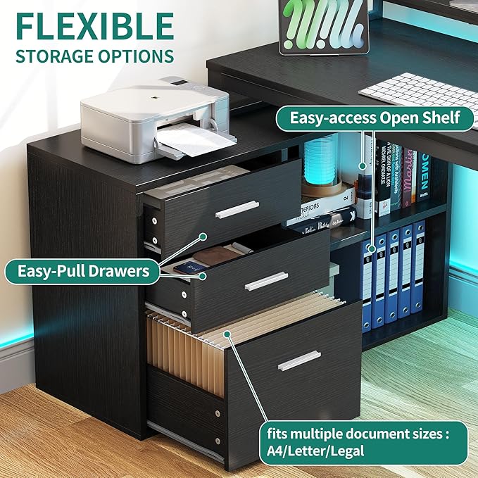 YITAHOME L Shaped Desk with Power Outlets & LED Lights & File Cabinet, 55" Corner Computer Desk with 3 Drawers and 2 Storage Shelves, Home Office Desk with Monitor Stand, Black