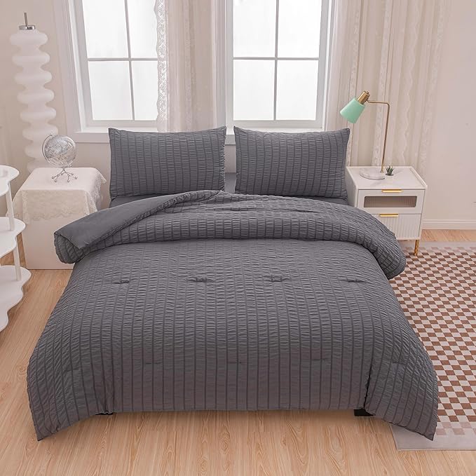 Grey Queen Size Comforter Sets for Boys Men Boho Dark Grey Seersucker Bedding Set 5 Pieces-Microfiber Lightweight All Season Comforter Set for Bedding(90x90In Comforter)